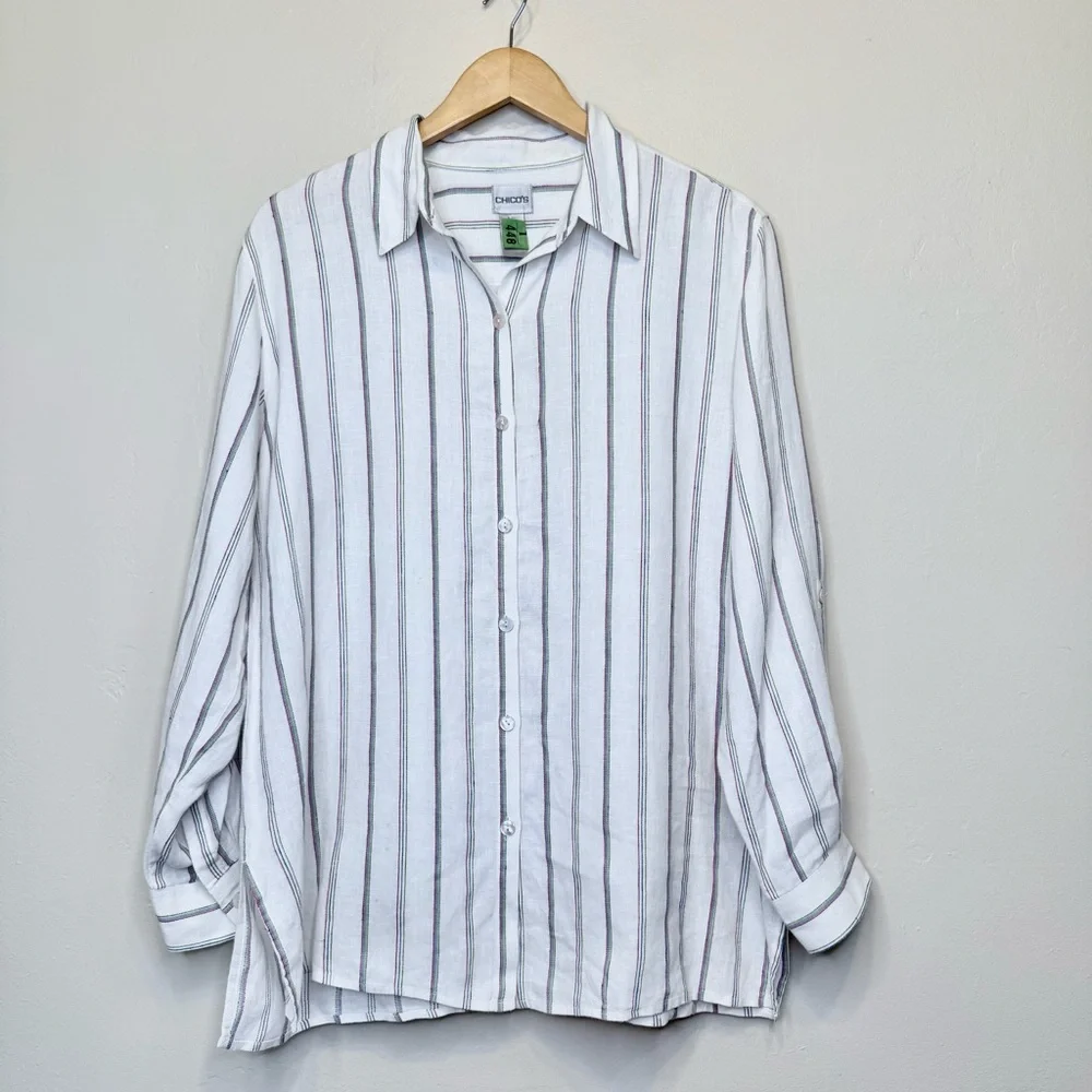 Chico's | Monterey Stripe Islander Linen Button Down Relaxed Casual Shirt - Picture 3 of 15